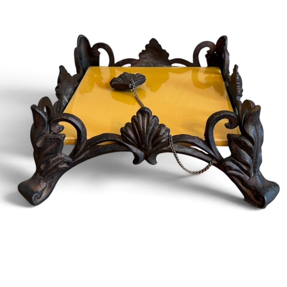 Vintage Holland Boone Wrought Iron & Yellow Ceramic Tile Flat Napkin Holder